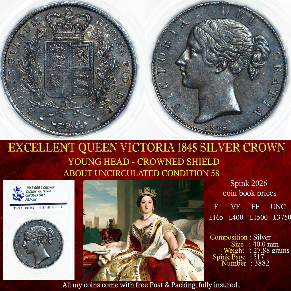 EXCELLENT QUEEN VICTORIA 1845 SILVER CROWN AU58