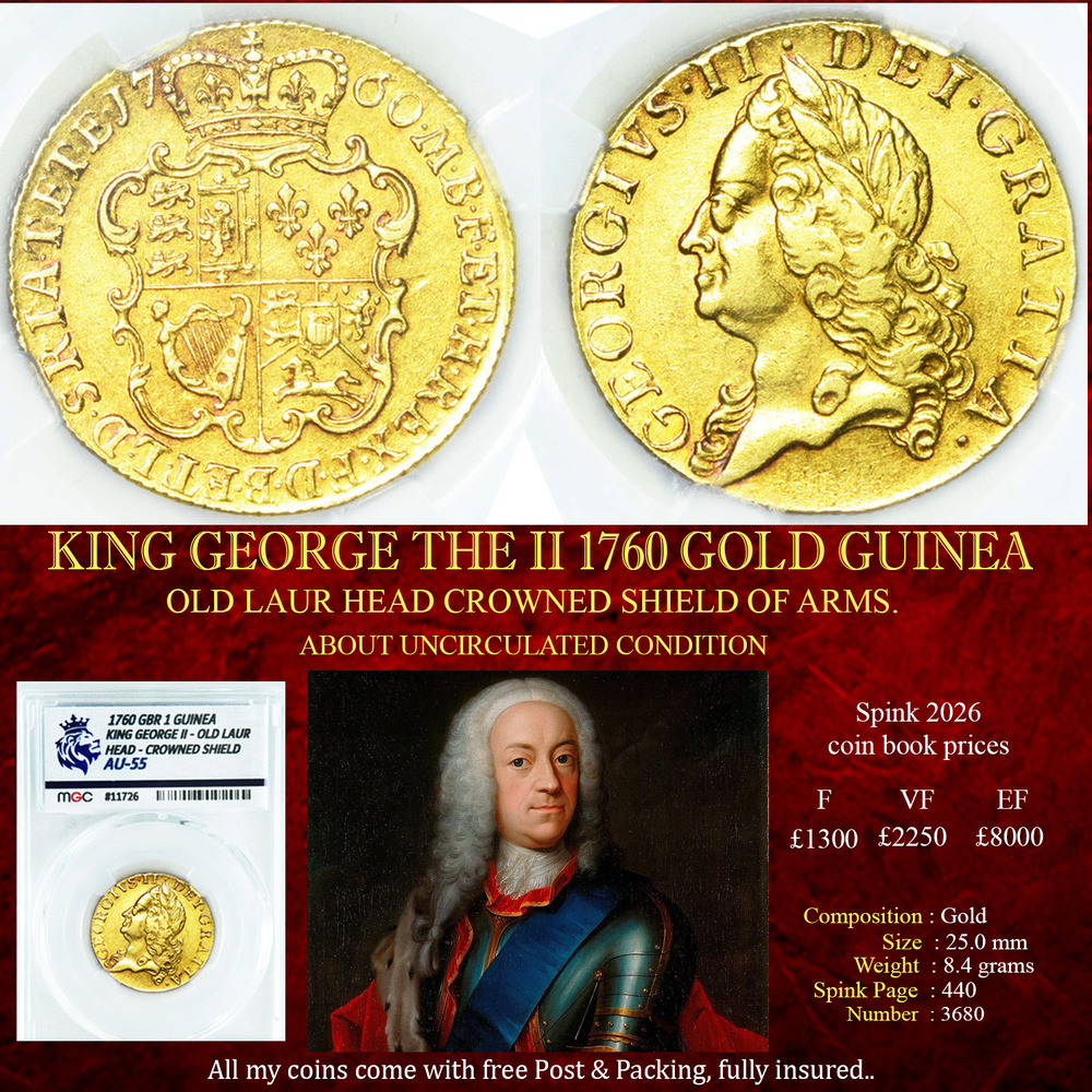 KING GEORGE THE II 1760 GOLD GUINEA AU55