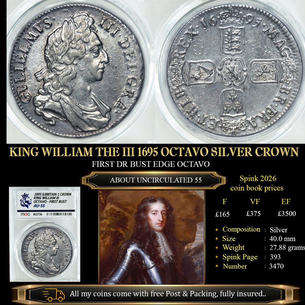 KING WILLIAM THE III 1695 OCTAVO SILVER CROWN AU55