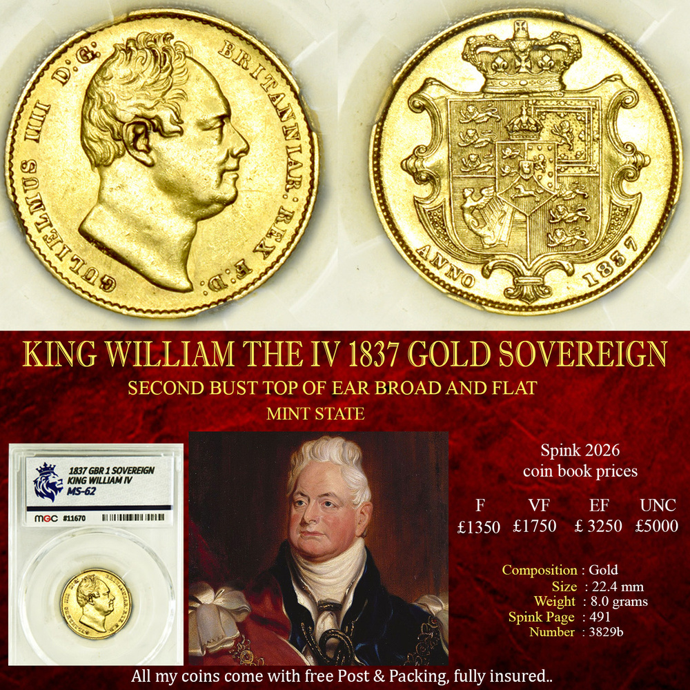 KING WILLIAM THE IV 1837 GOLD SOVEREIGN MS62