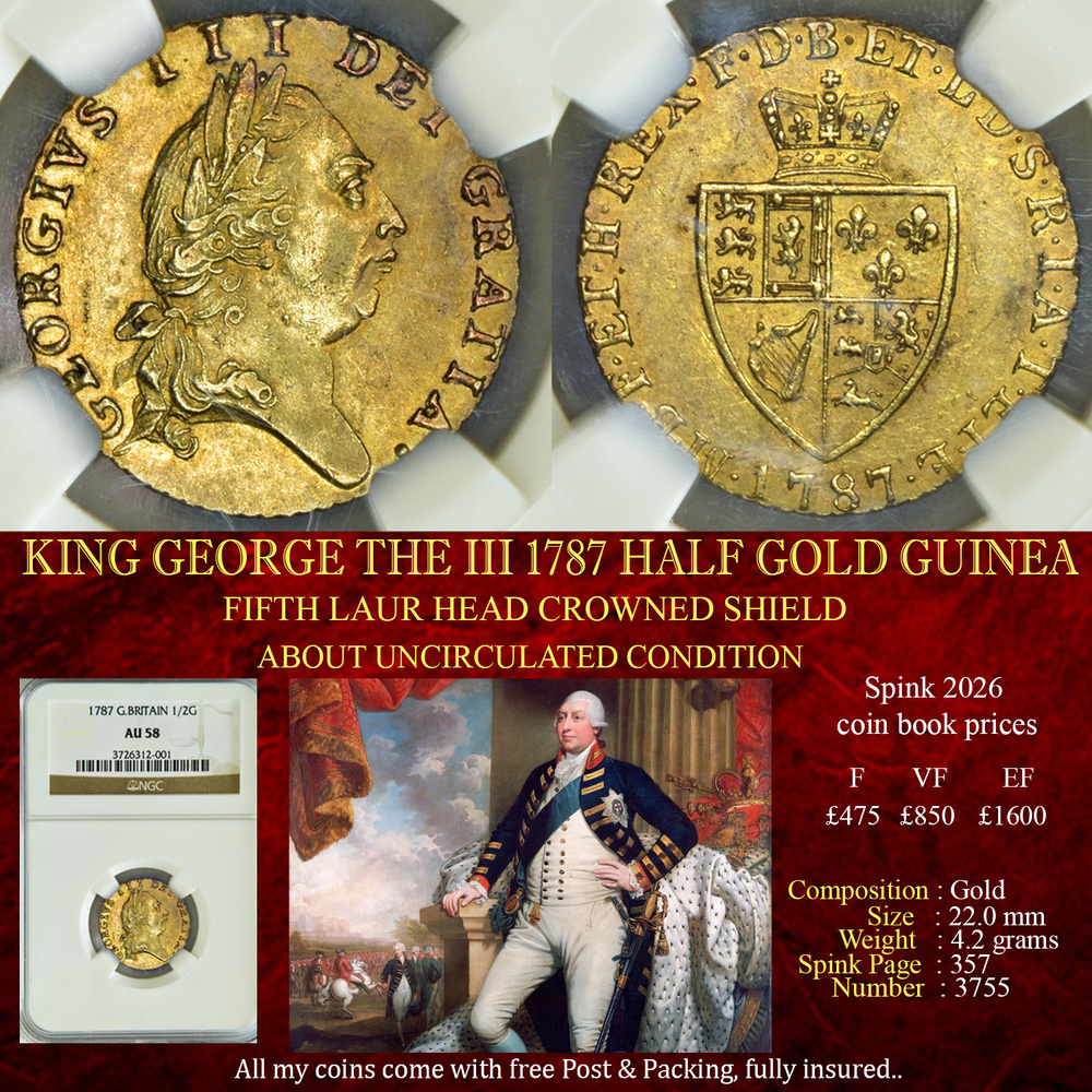 KING GEORGE THE III 1787 HALF GOLD GUINEA - AU58