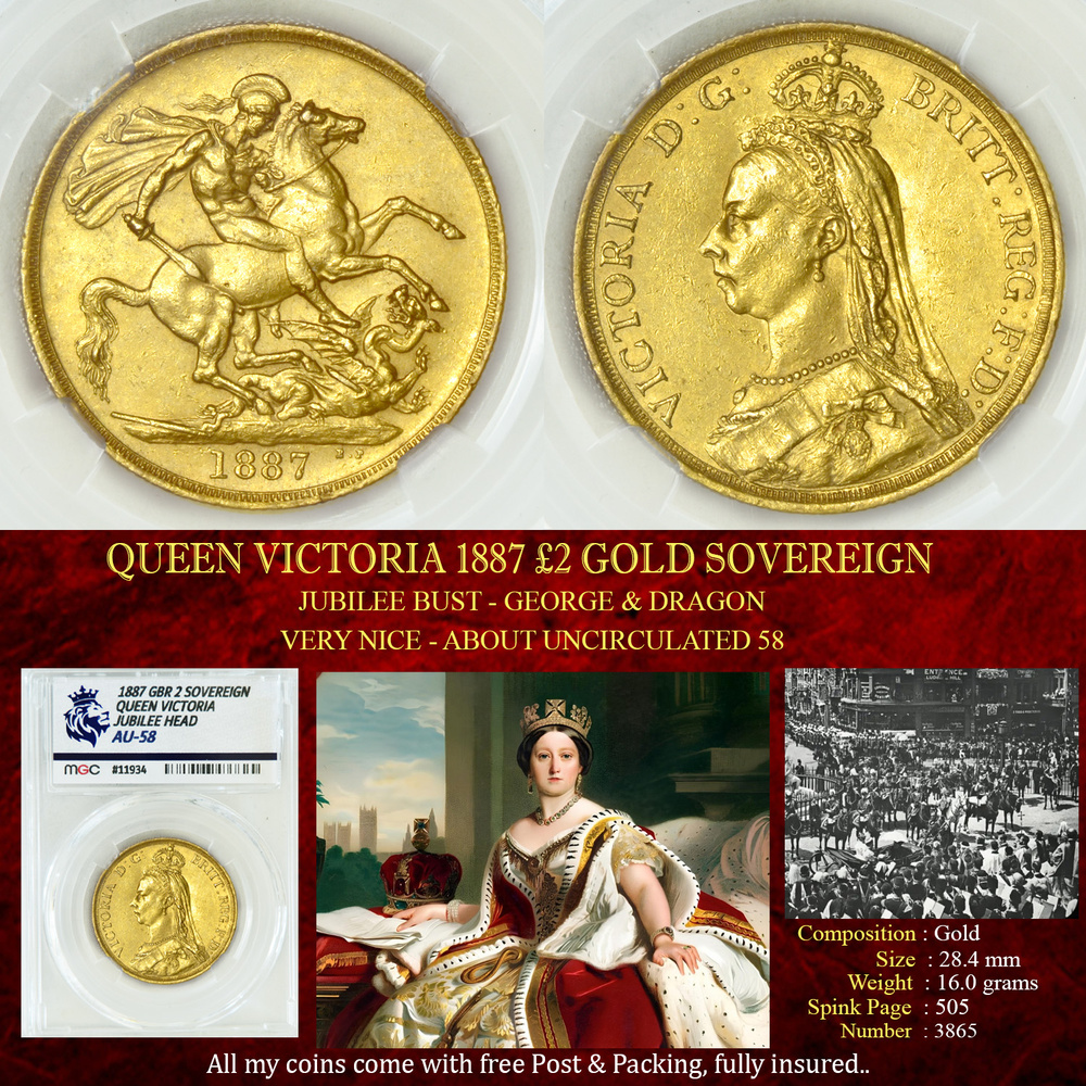 QUEEN VICTORIA 1887 £2 GOLD SOVEREIGN AU58