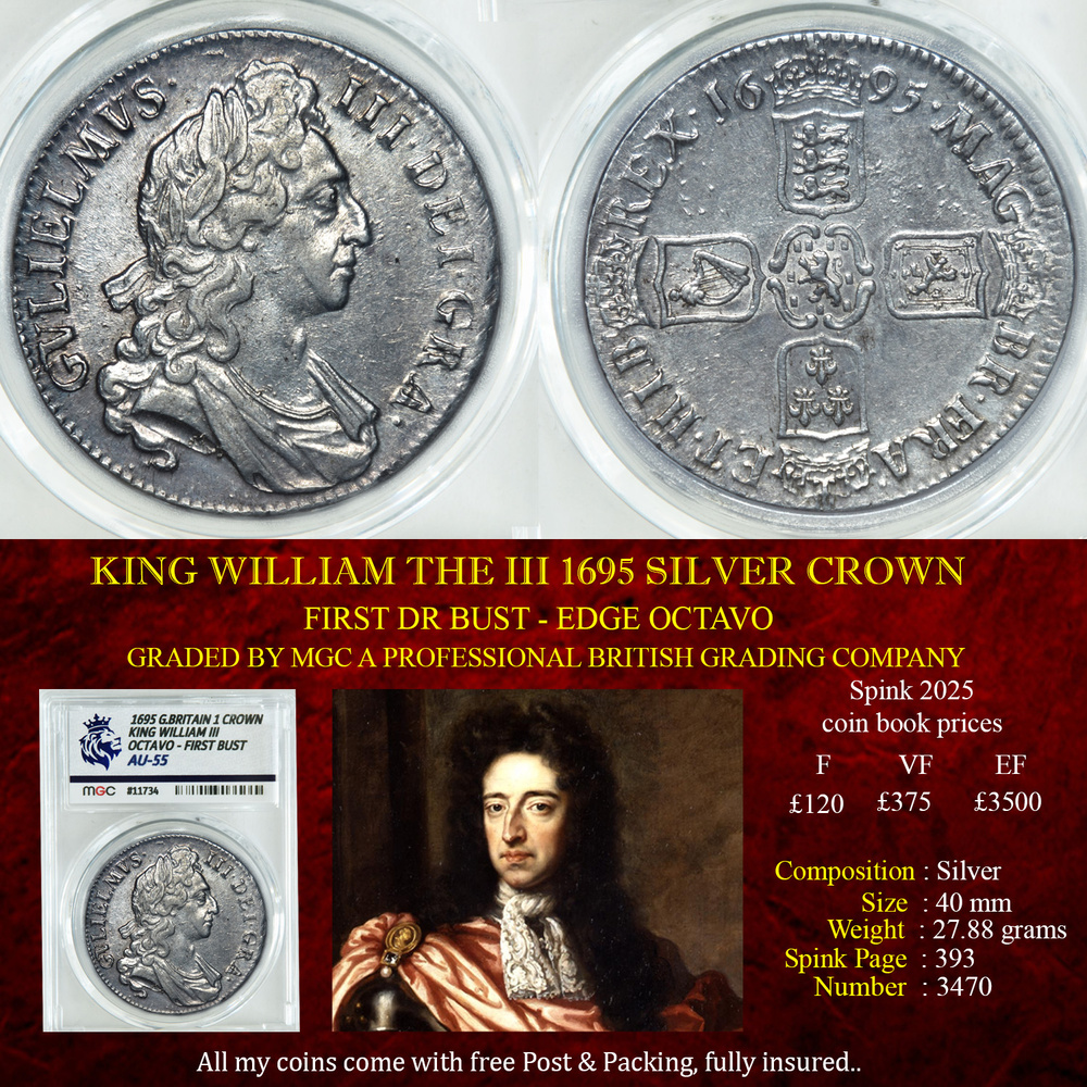 KING WILLIAM THE III 1695 OCTAVO SILVER CROWN AU55