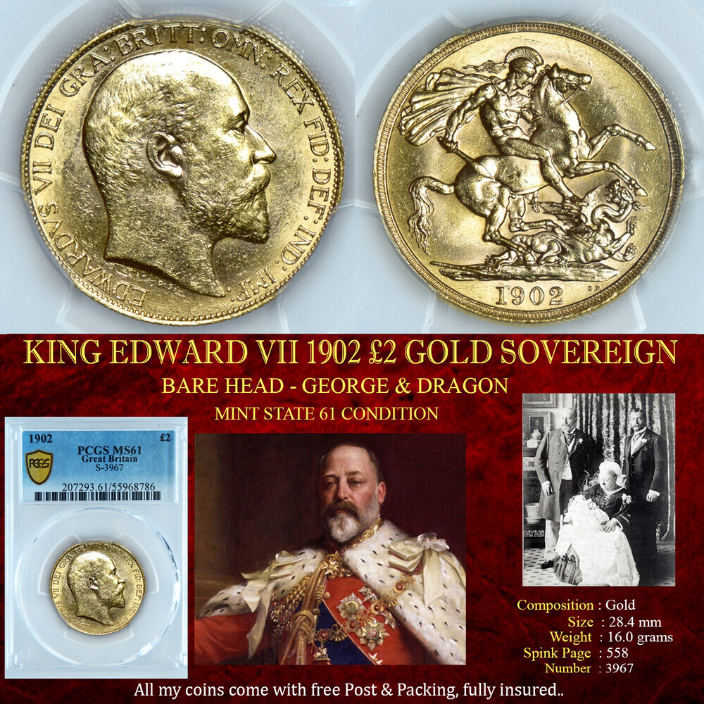 KING EDWARD VII 1902 £2 GOLD SOVEREIGN MS61