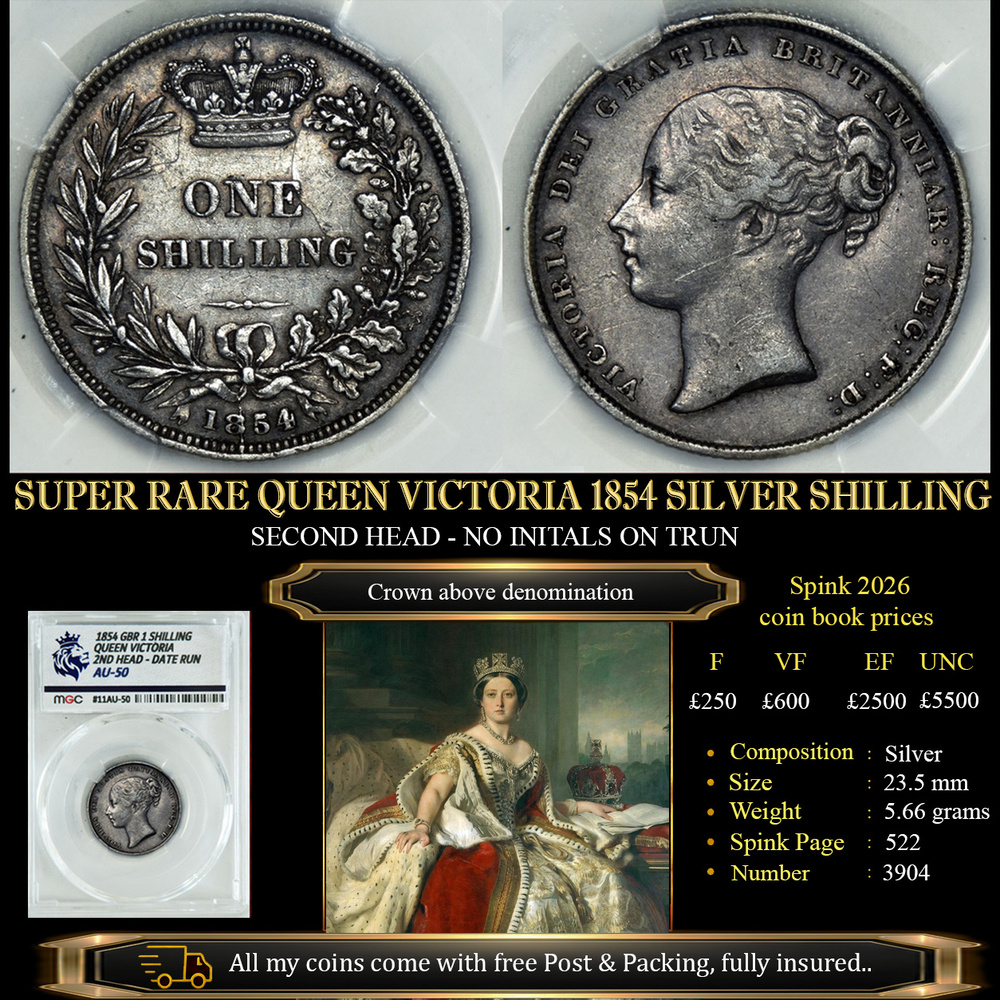 SUPER RARE QUEEN VICTORIA 1854 SILVER SHILLING