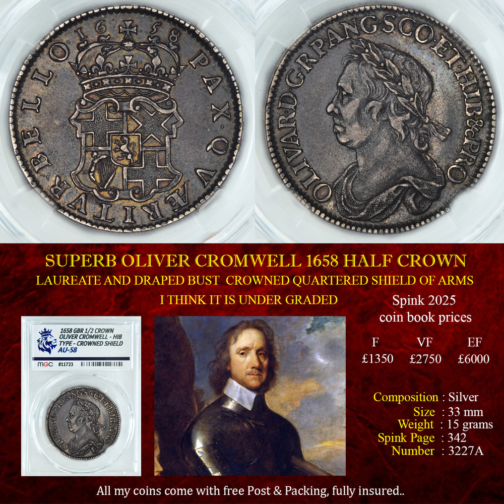 SUPERB OLIVER CROMWELL 1658 HALF CROWN AU58