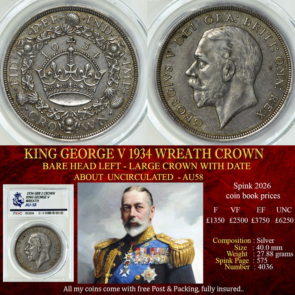 KING GEORGE V 1934 WREATH CROWN AU58
