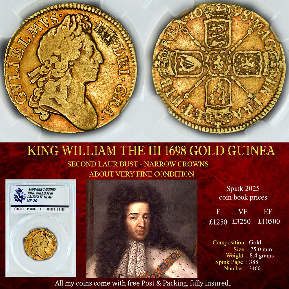 KING WILLIAM THE III 1698 GOLD GUINEA VF20