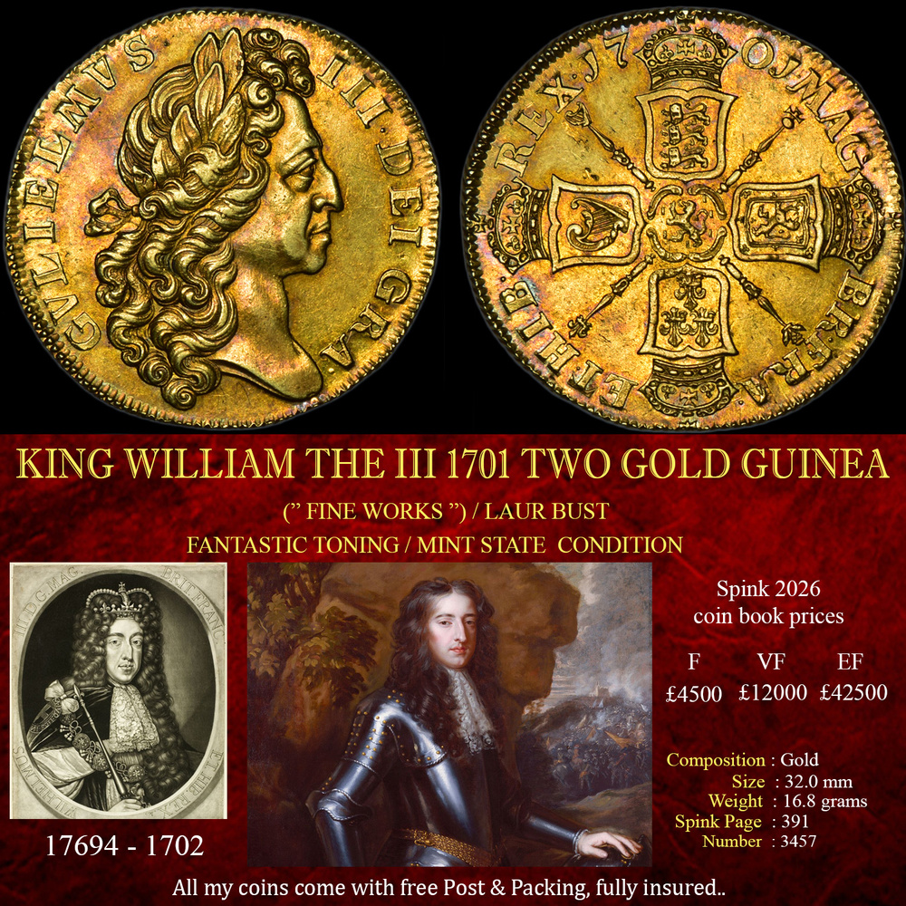 SUPERB KING WILLIAM THE III 1701 TWO GOLD GUINEA