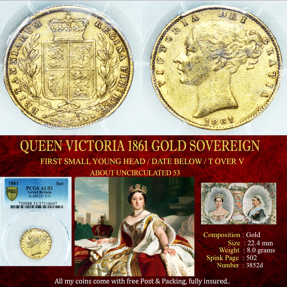RARE QUEEN VICTORIA 1861 GOLD SOVEREIGN AU53