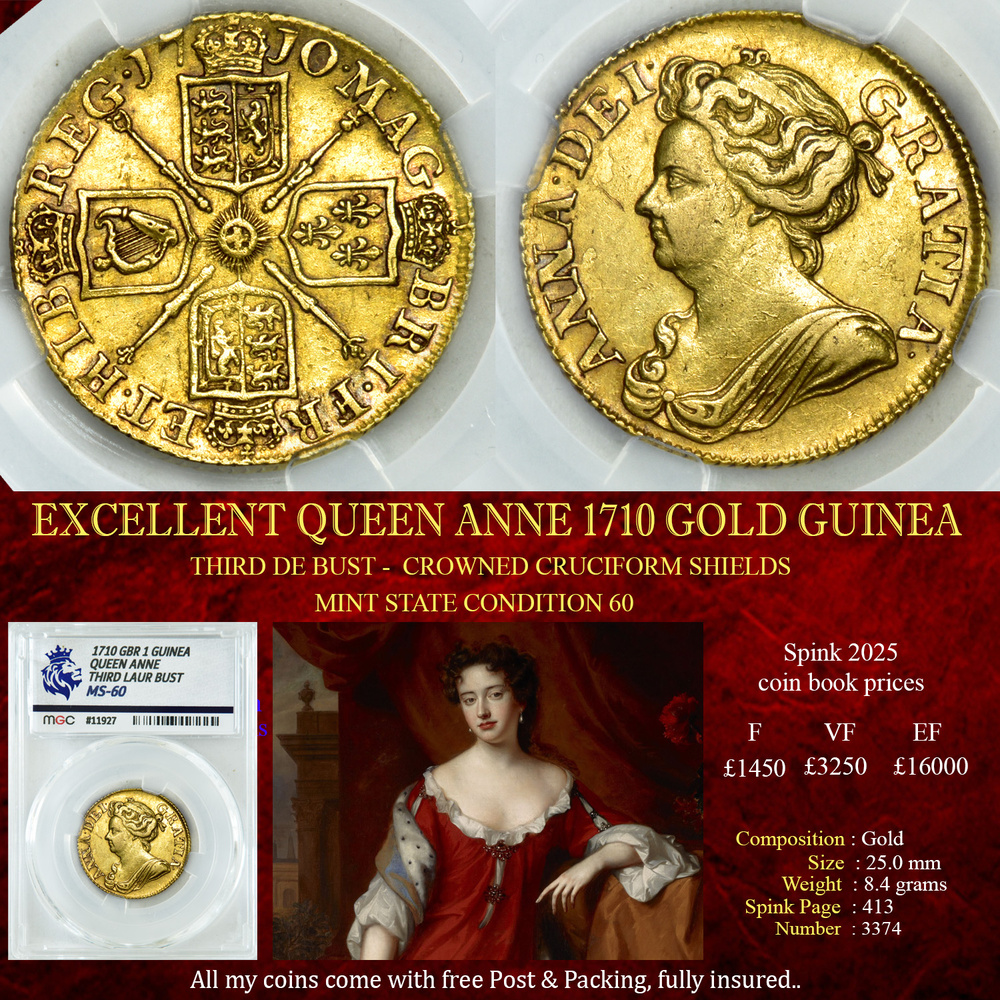 EXCELLENT QUEEN ANNE 1710 GOLD GUINEA MS60
