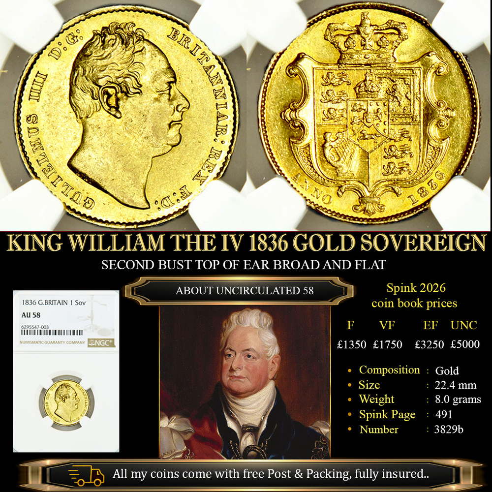 KING WILLIAM THE IIII 1836 GOLD SOVEREIGN AU58 £3850.00