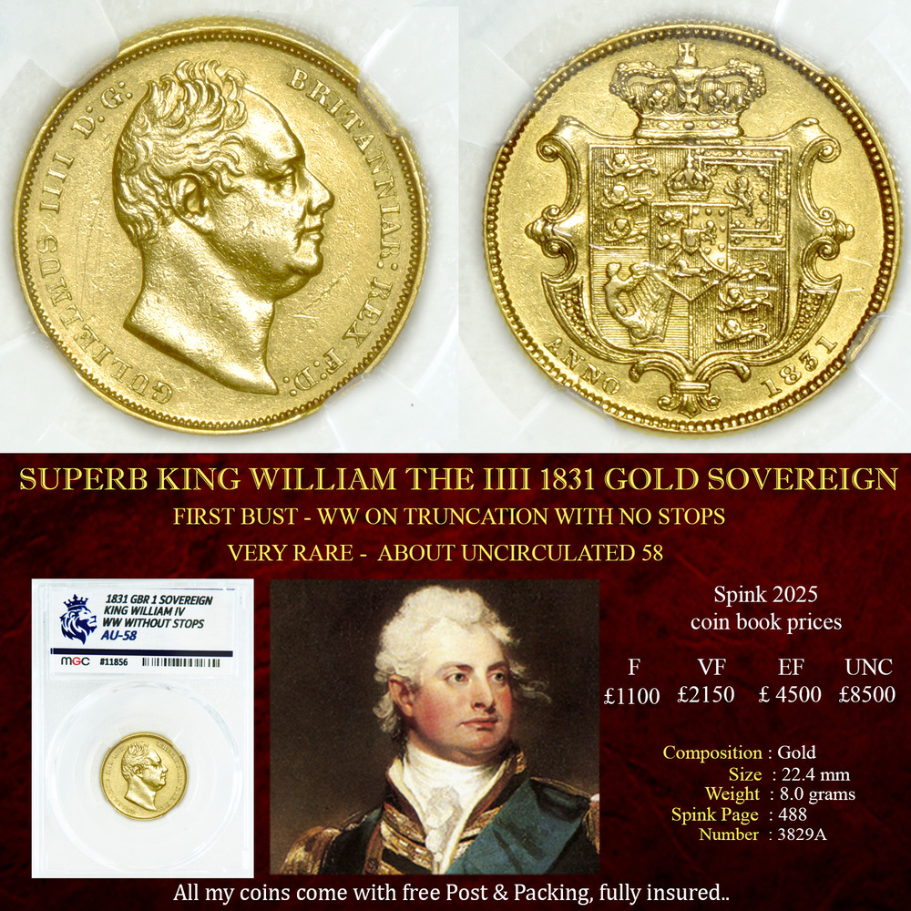 SUPERB KING WILLIAM THE IIII 1831 GOLD SOVEREIGN AU58