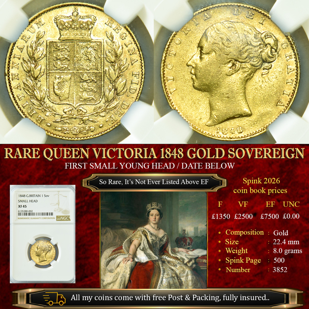 VERY RARE QUEEN VICTORIA 1848 GOLD SOVEREIGN XF45