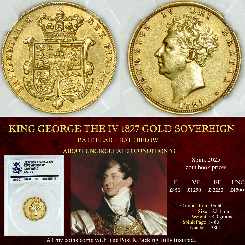 KING GEORGE THE IV 1827 GOLD SOVEREIGN AU53