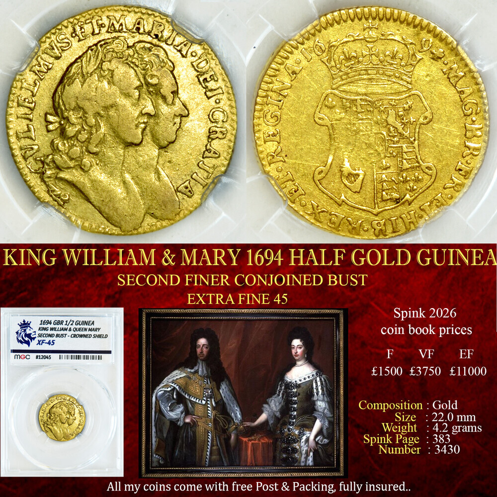 KING WILLIAM MARY 1694 HALF GOLD GUINEA XF45