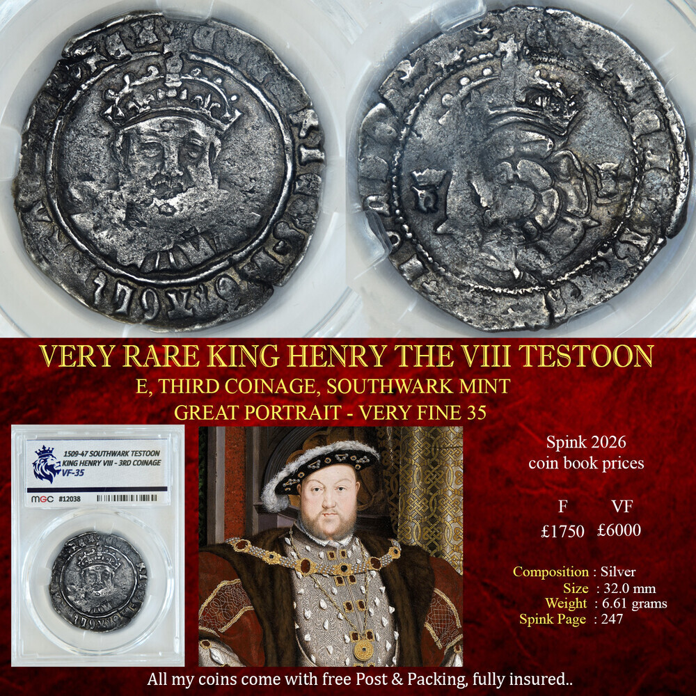 RARE KING HENRY THE VIII TESTOON VF35