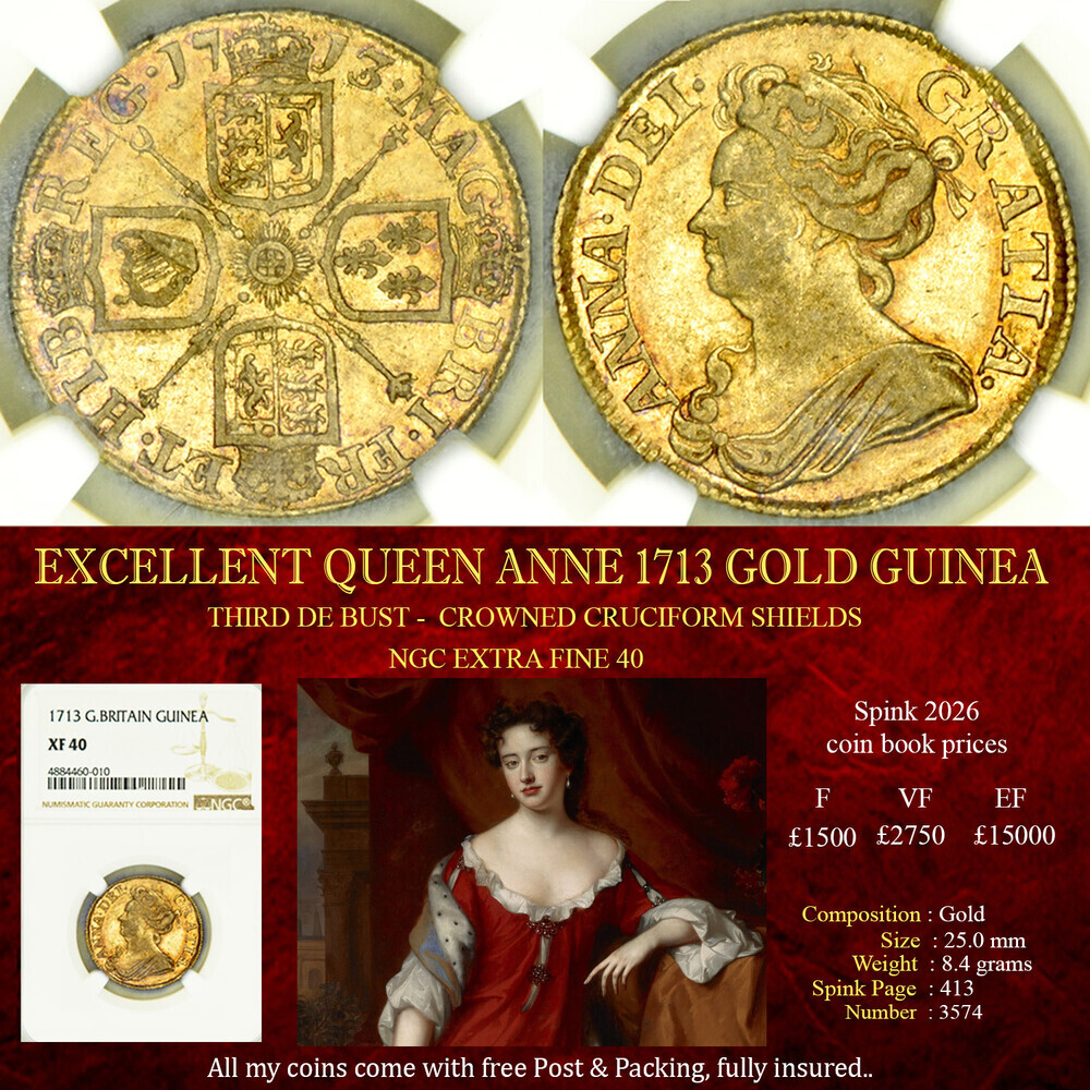 RARE QUEEN ANNE 1713 GOLD GUINEA EF40