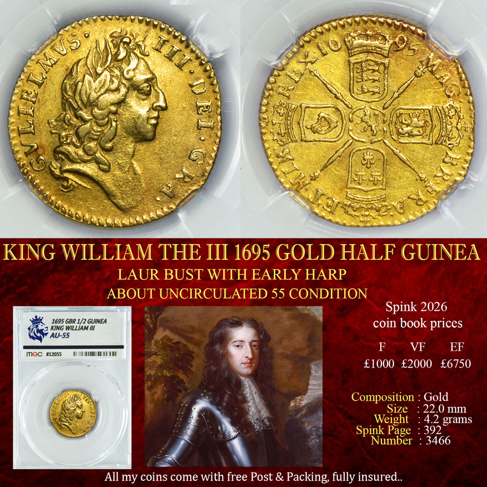 KING WILLIAM THE III 1695 GOLD HALF GUINEA AU55