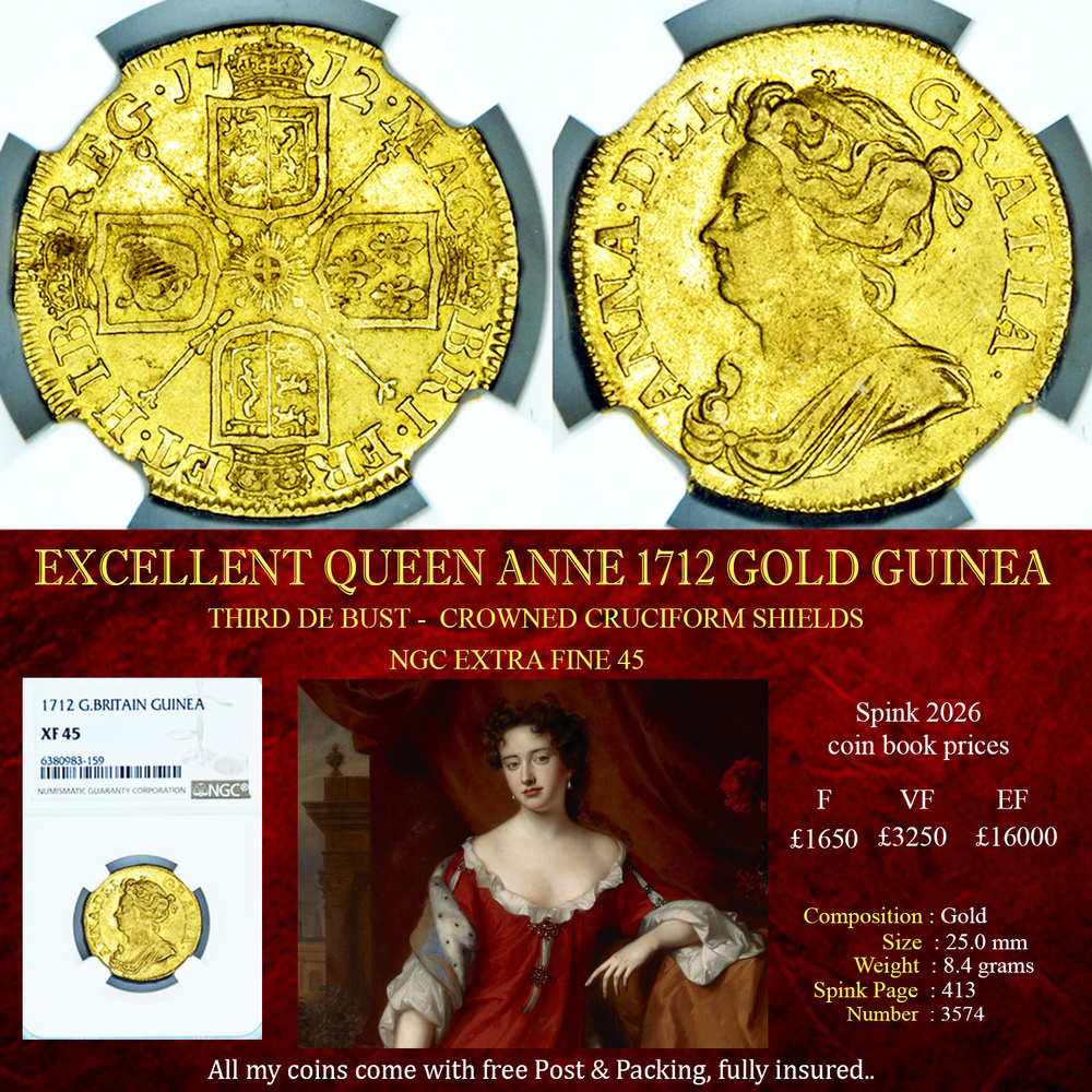 QUEEN ANNE 1712 GOLD GUINEA NGC EF45