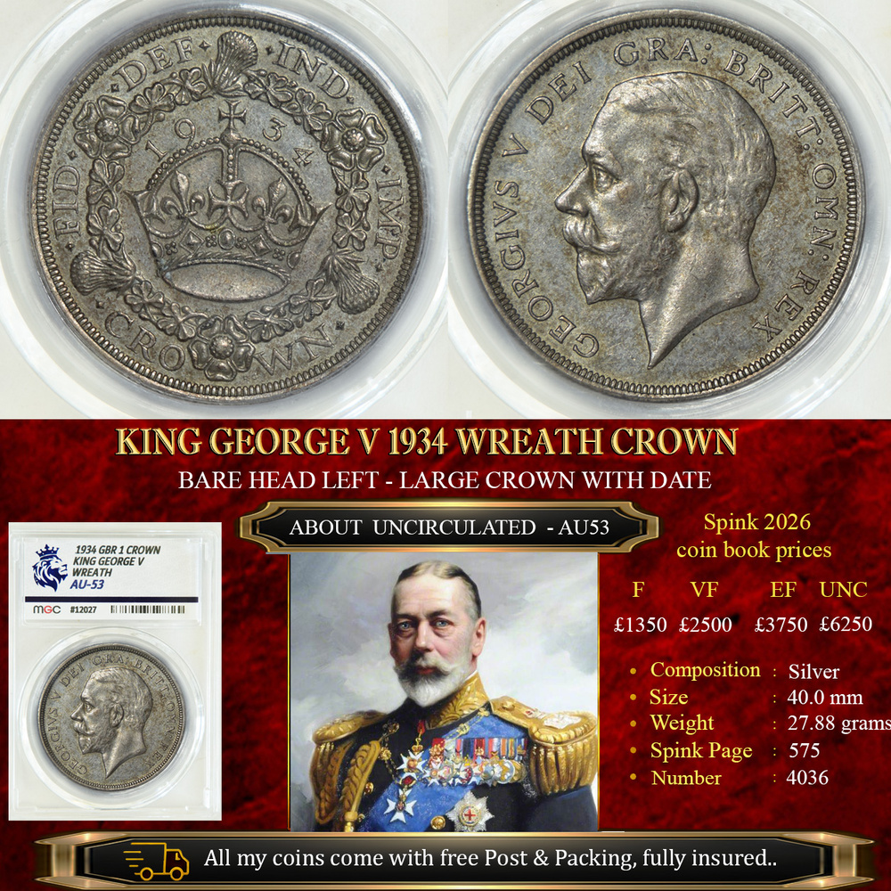 KING GEORGE V 1934 WREATH CROWN AU53