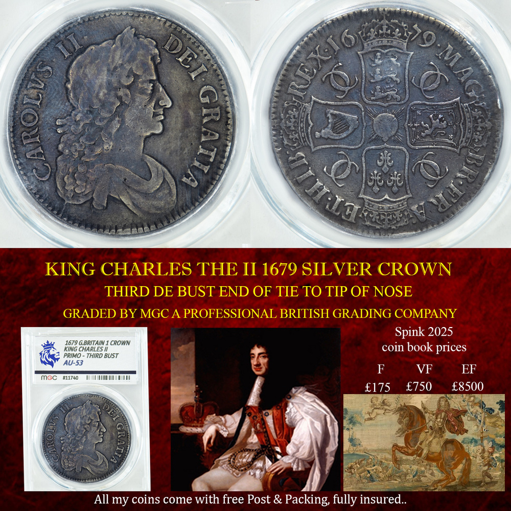 KING CHARLES THE II 1679 SILVER CROWN AU53