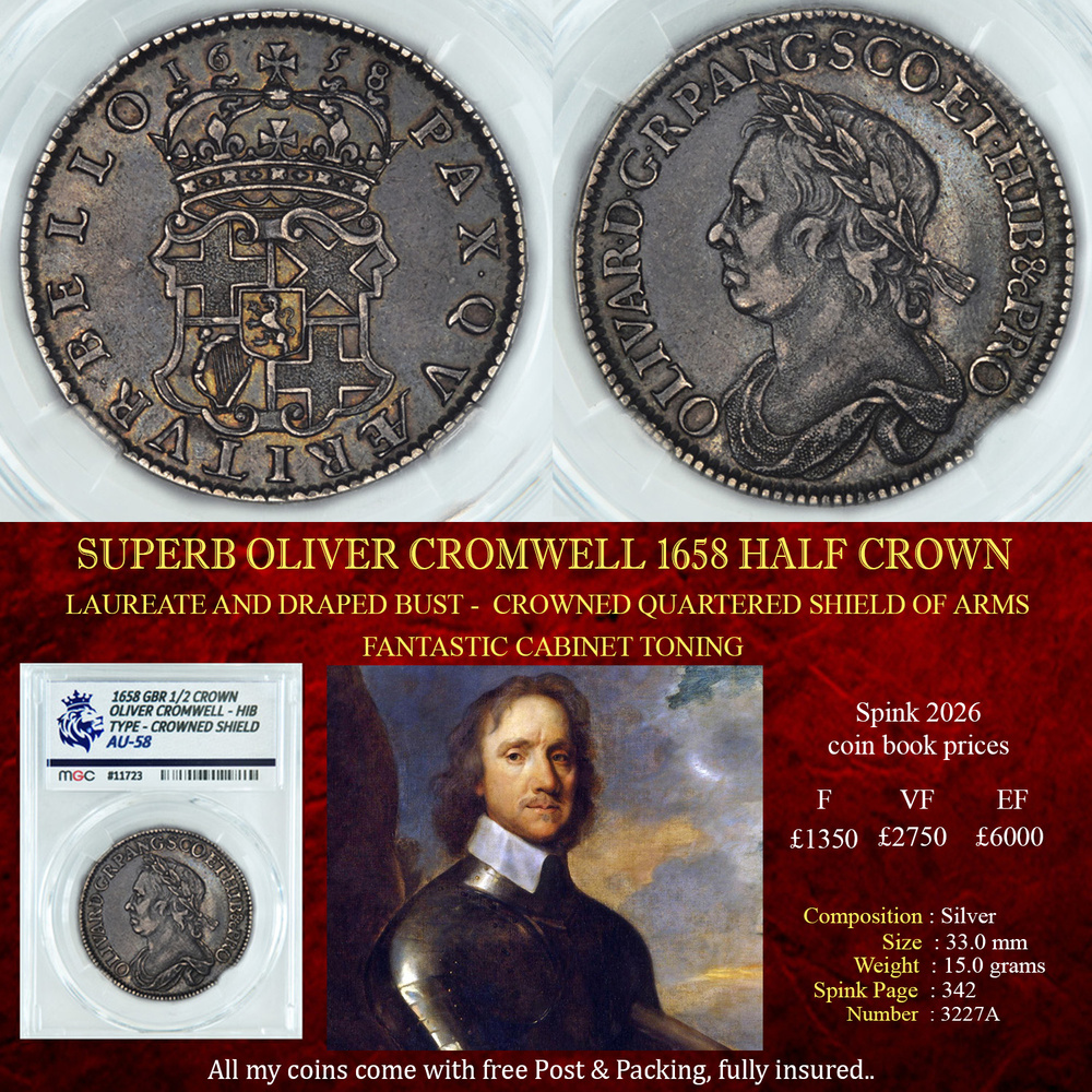 SUPERB OLIVER CROMWELL 1658 HALF CROWN AU58