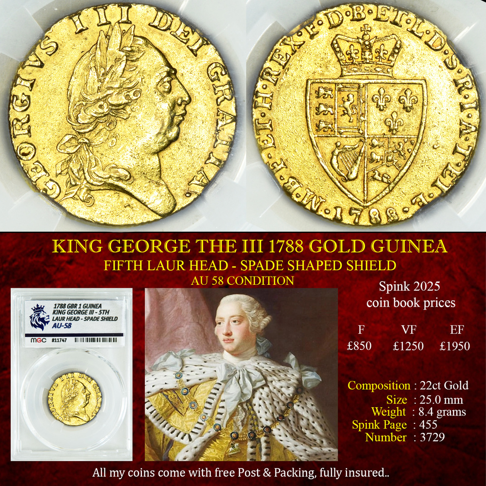 NICE KING GEORGE THE III 1788 GOLD GUINEA - AU58