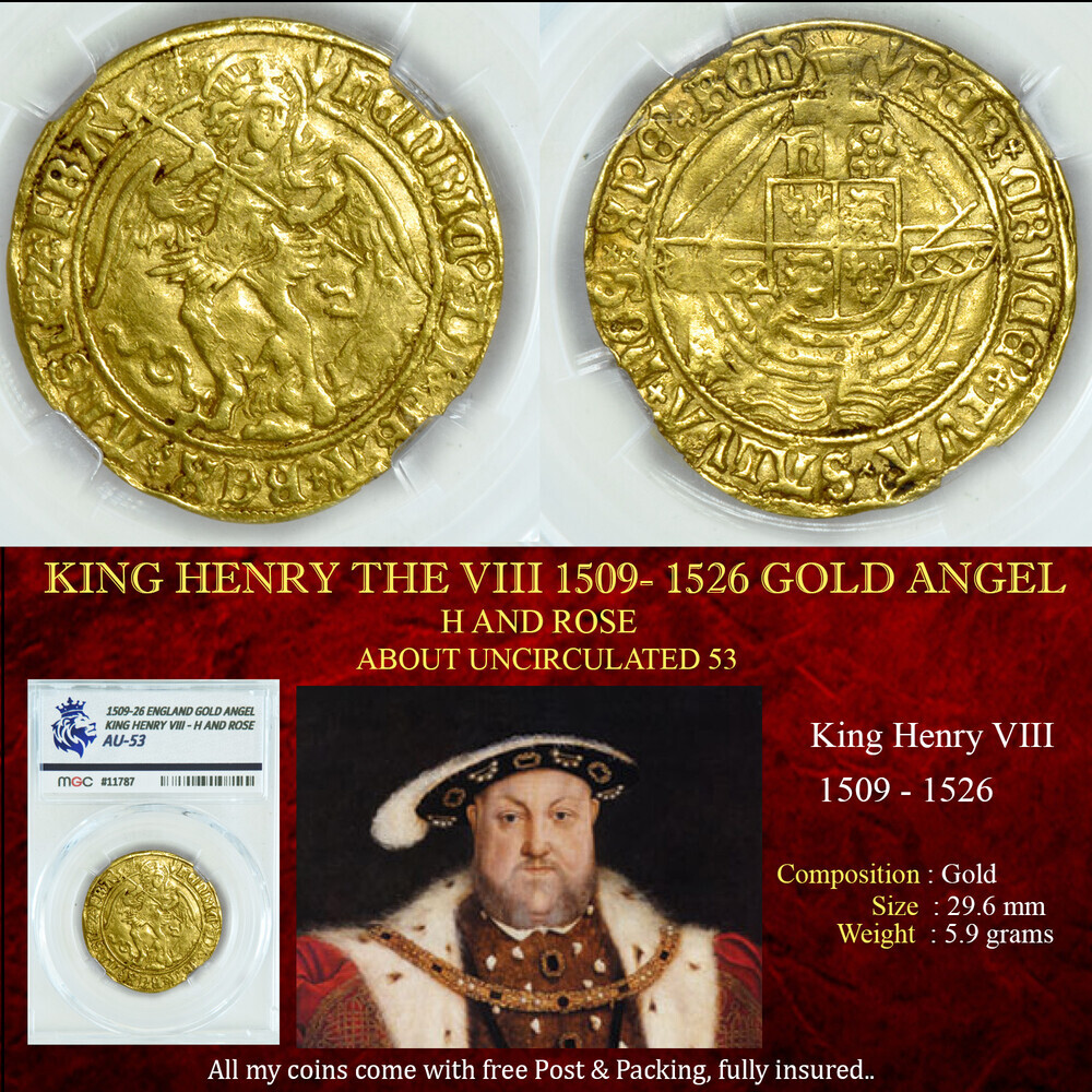 KING HENRY THE VIII 1505- 1509 GOLD ANGEL AU53