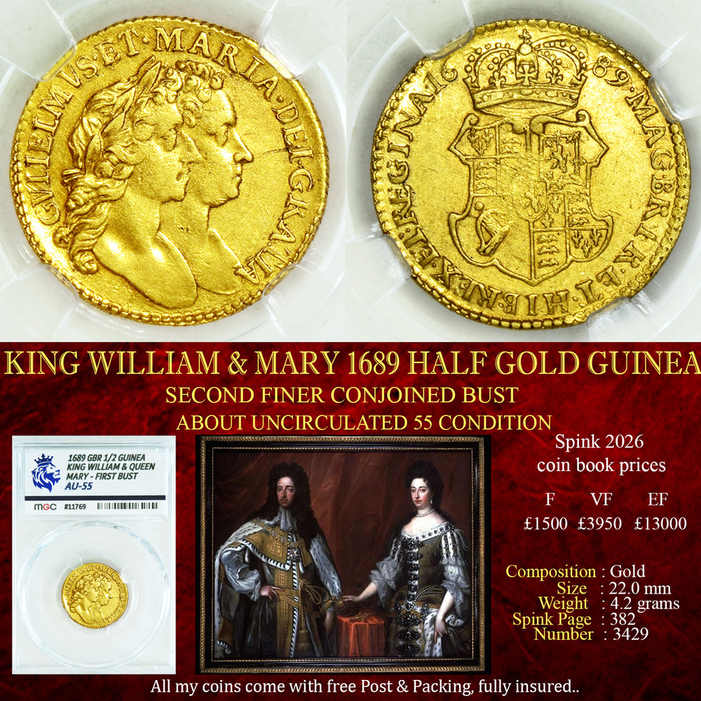 KING WILLIAM MARY 1689 HALF GOLD GUINEA AU55