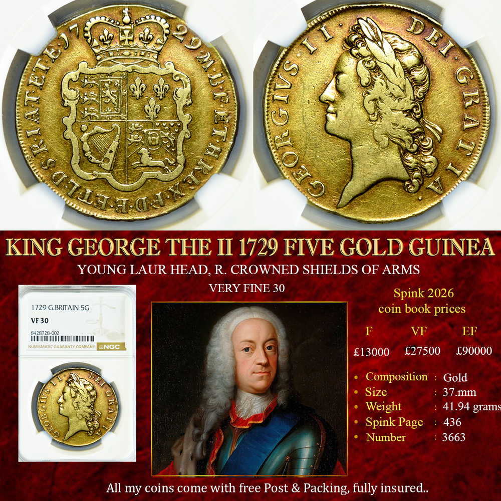 KING GEORGE THE II 1729 FIVE GOLD GUINEA VF30