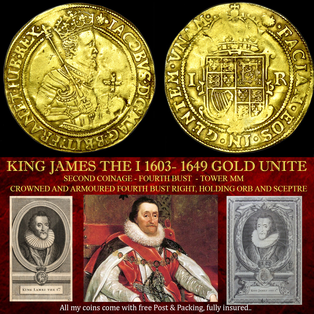 EXCELLENT KING JAMES THE I 1603- 1649 GOLD UNITE