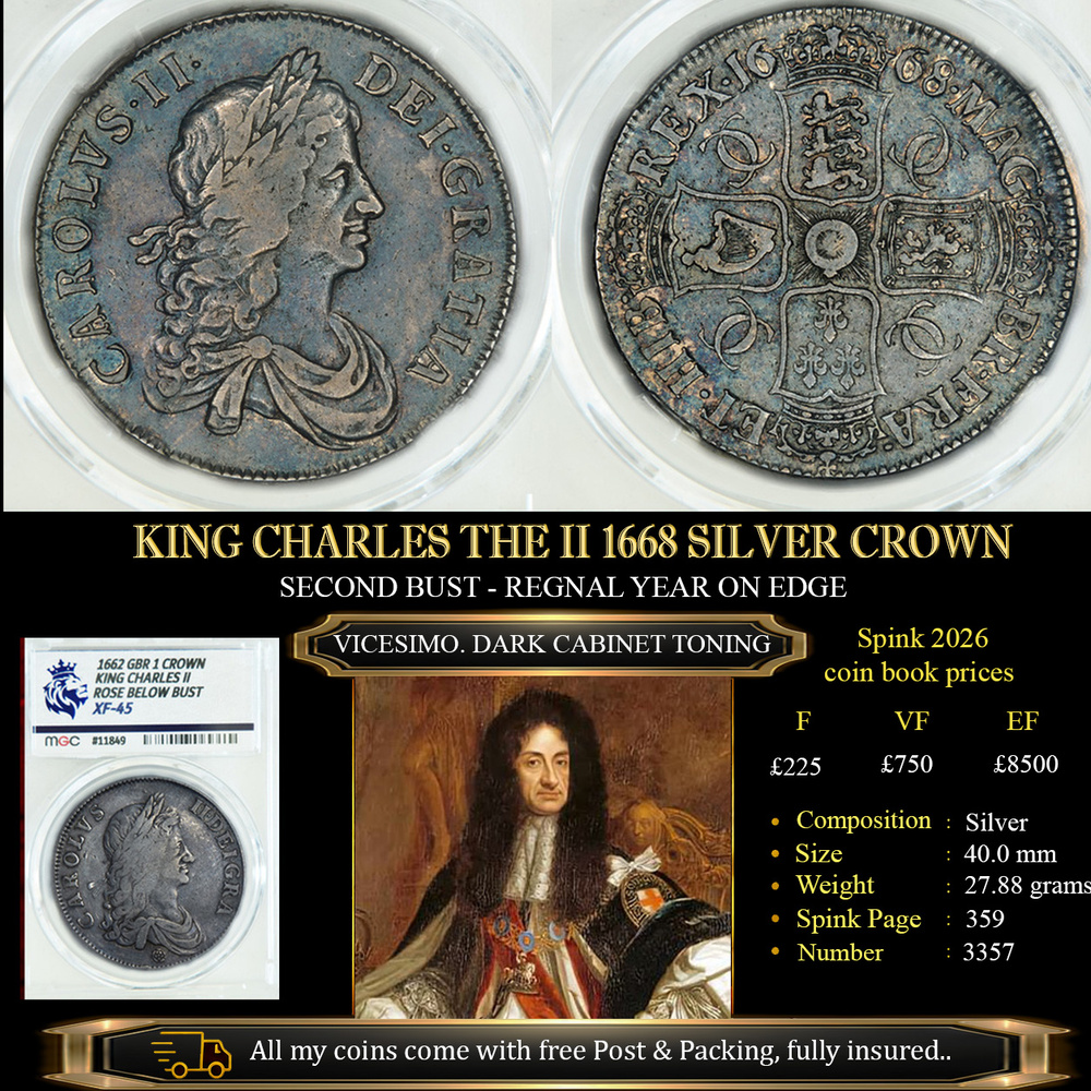 KING CHARLES THE II 1668 SILVER CROWN AU53