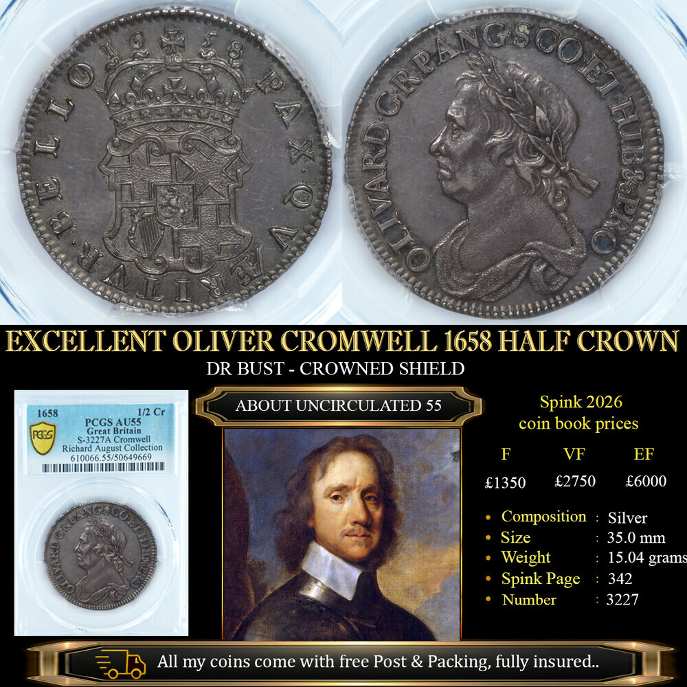 EXCELLENT OLIVER CROMWELL 1658 HALF CROWN AU55