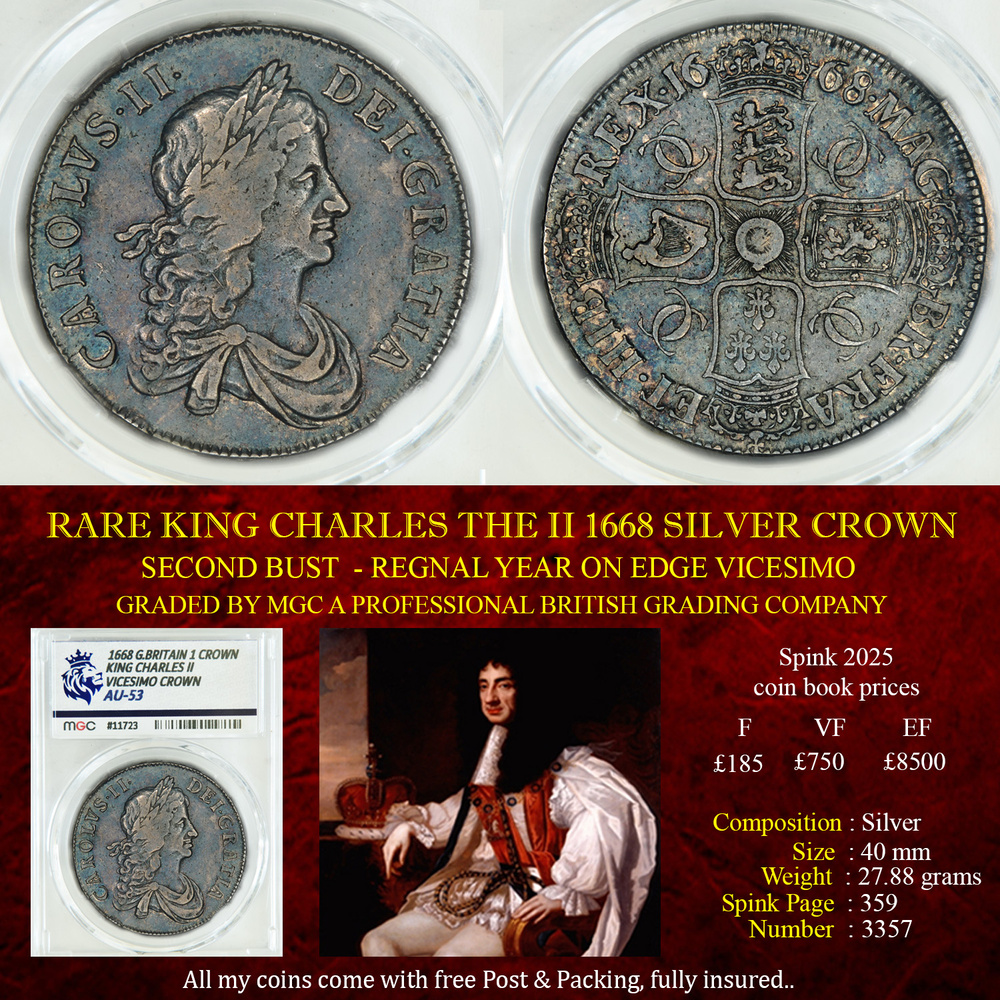 KING CHARLES THE II 1668 SILVER CROWN AU53