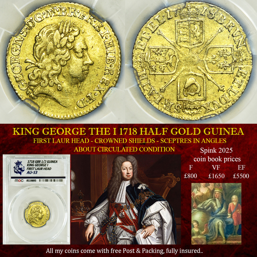 KING GEORGE THE I 1718 HALF GOLD GUINEA - AU53