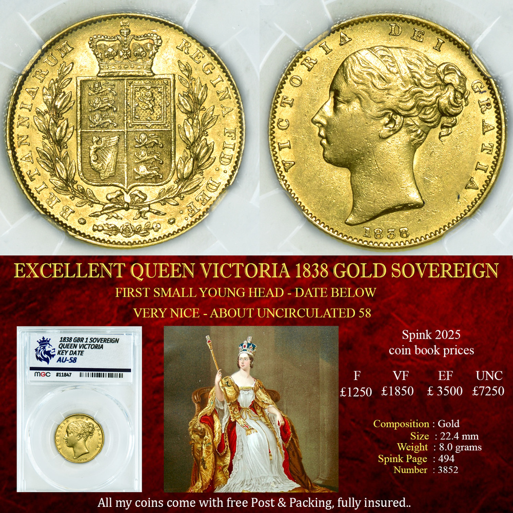 EXCELLENT QUEEN VICTORIA 1838 GOLD SOVEREIGN AU58