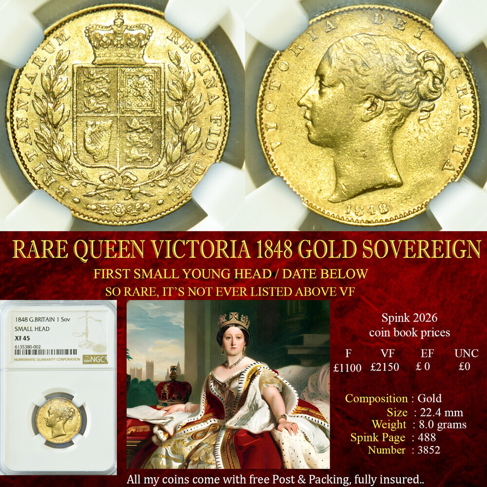 VERY RARE QUEEN VICTORIA 1848 GOLD SOVEREIGN XF45