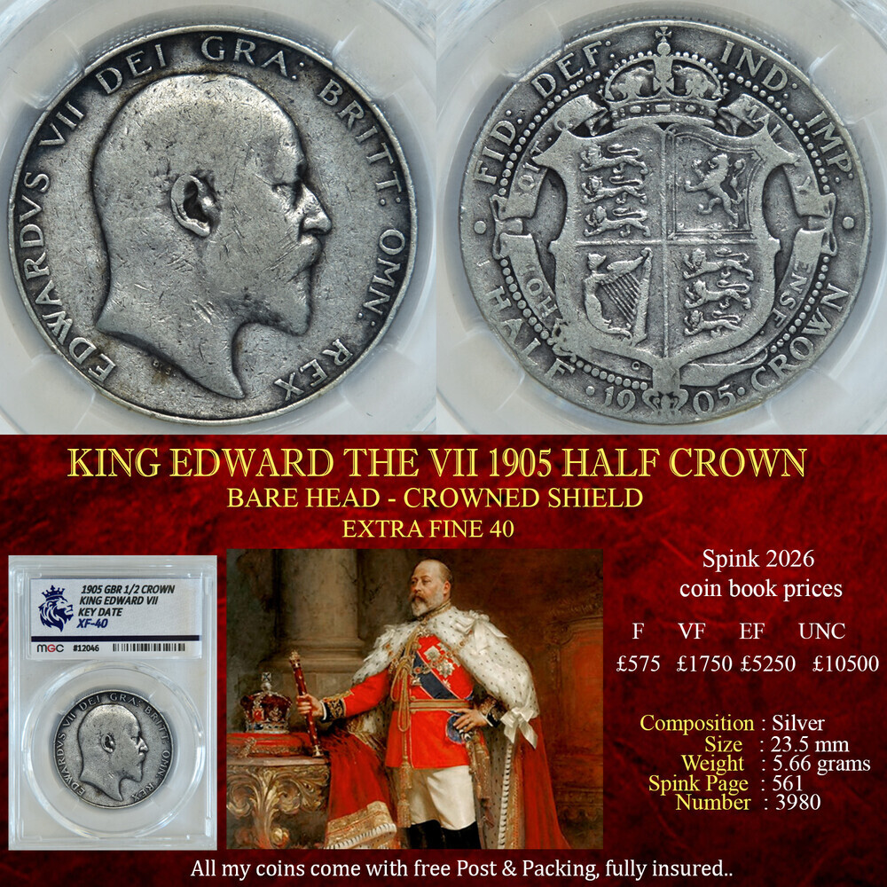 RARE KING EDWARD THE VII 1905 HALF CROWN XF40