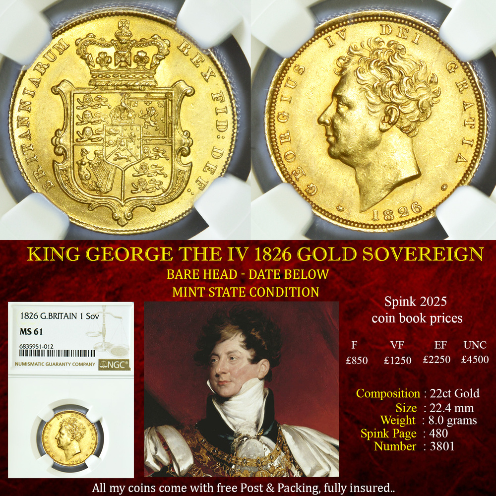 KING GEORGE THE IV 1826 GOLD SOVEREIGN MINT STATE