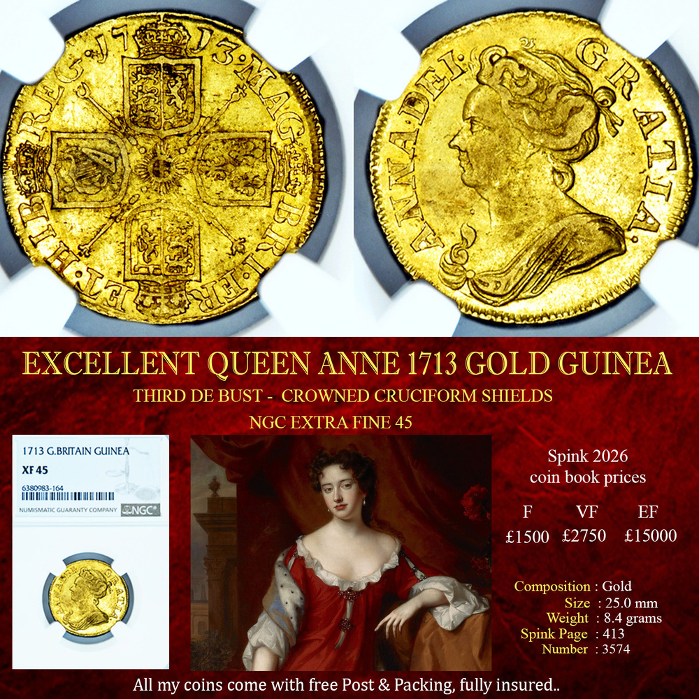 LOVELY QUEEN ANNE 1713 FULL GOLD GUINEA