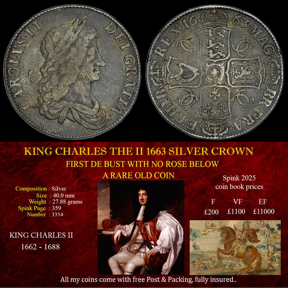 KING CHARLES THE II 1663 SILVER CROWN