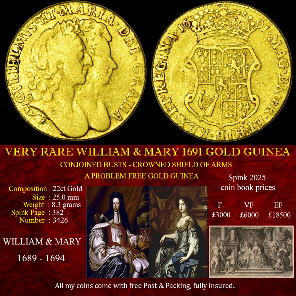 VERY RARE WILLIAM & MARY 1691 GOLD GUINEA