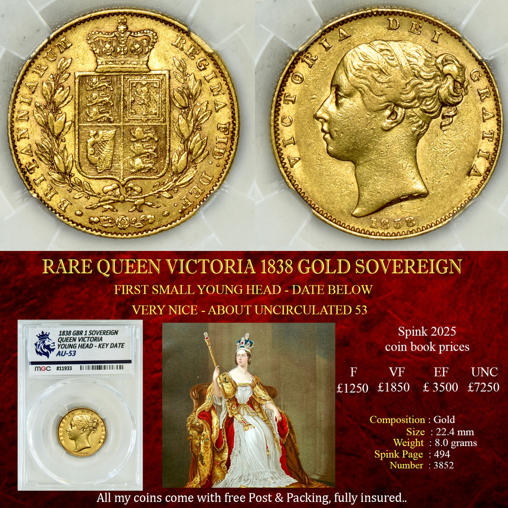 RARE QUEEN VICTORIA 1838 GOLD SOVEREIGN AU53
