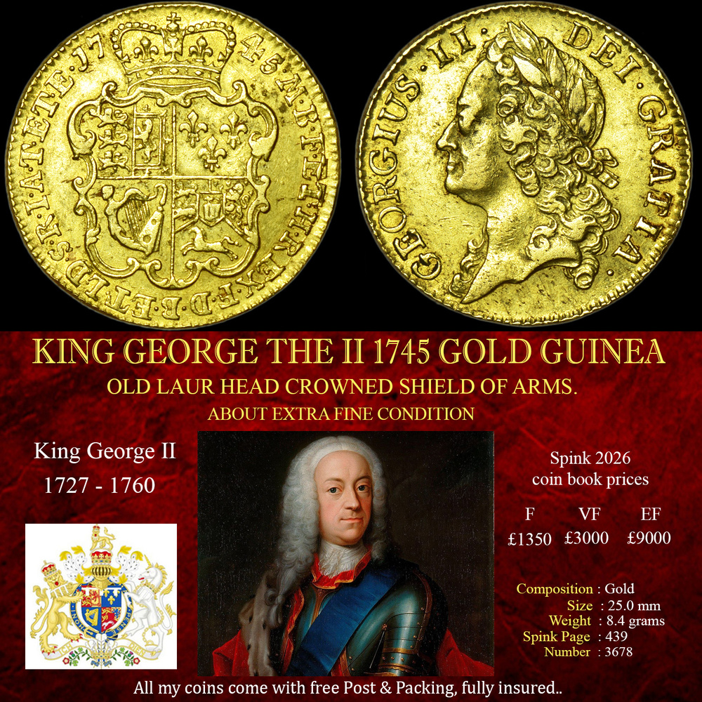SUPERB KING GEORGE THE II 1745 GOLD GUINEA