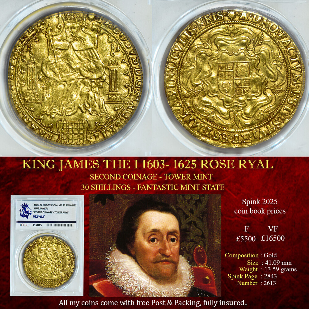 KING JAMES THE I 1604- 1619 ROSE RYAL - MS62