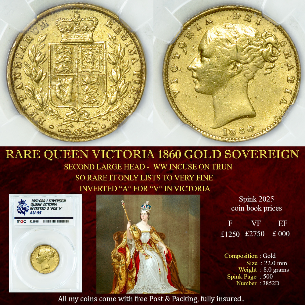 RARE QUEEN VICTORIA 1860 GOLD SOVEREIGN AU55