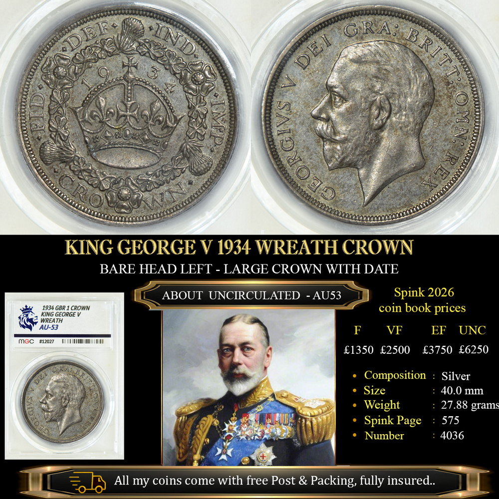 KING GEORGE V 1934 WREATH CROWN AU53