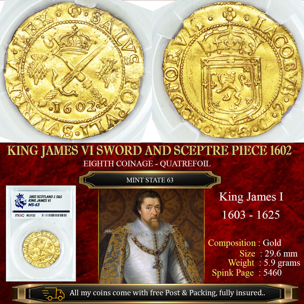 KING JAMES VI SWORD & SCEPTRE 1602, MS63