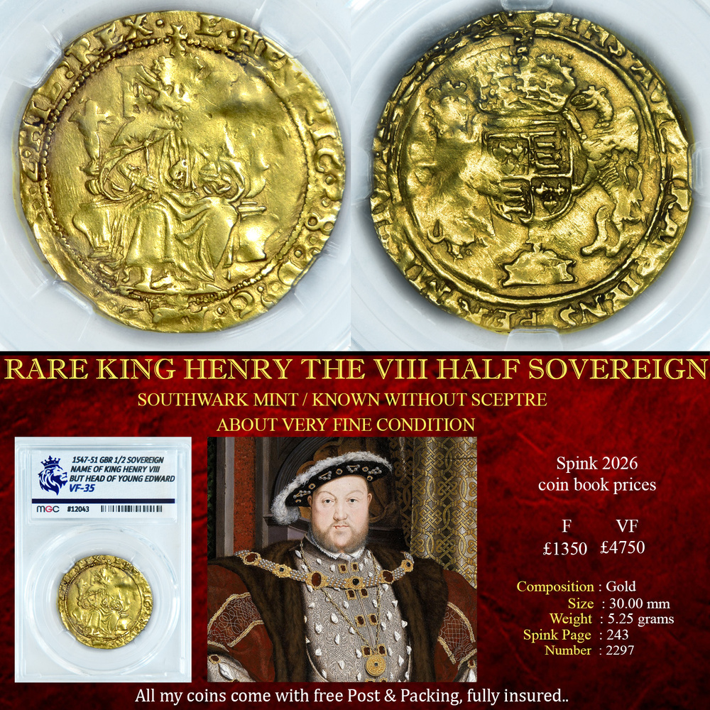 RARE KING HENRY THE VIII HALF SOVEREIGN VF35